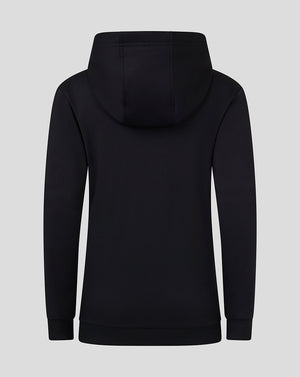 Back view of black junior full zip hoodie with hood and clean silhouette