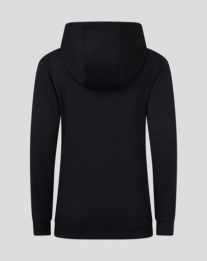 Back view of black junior full zip hoodie with hood and clean silhouette