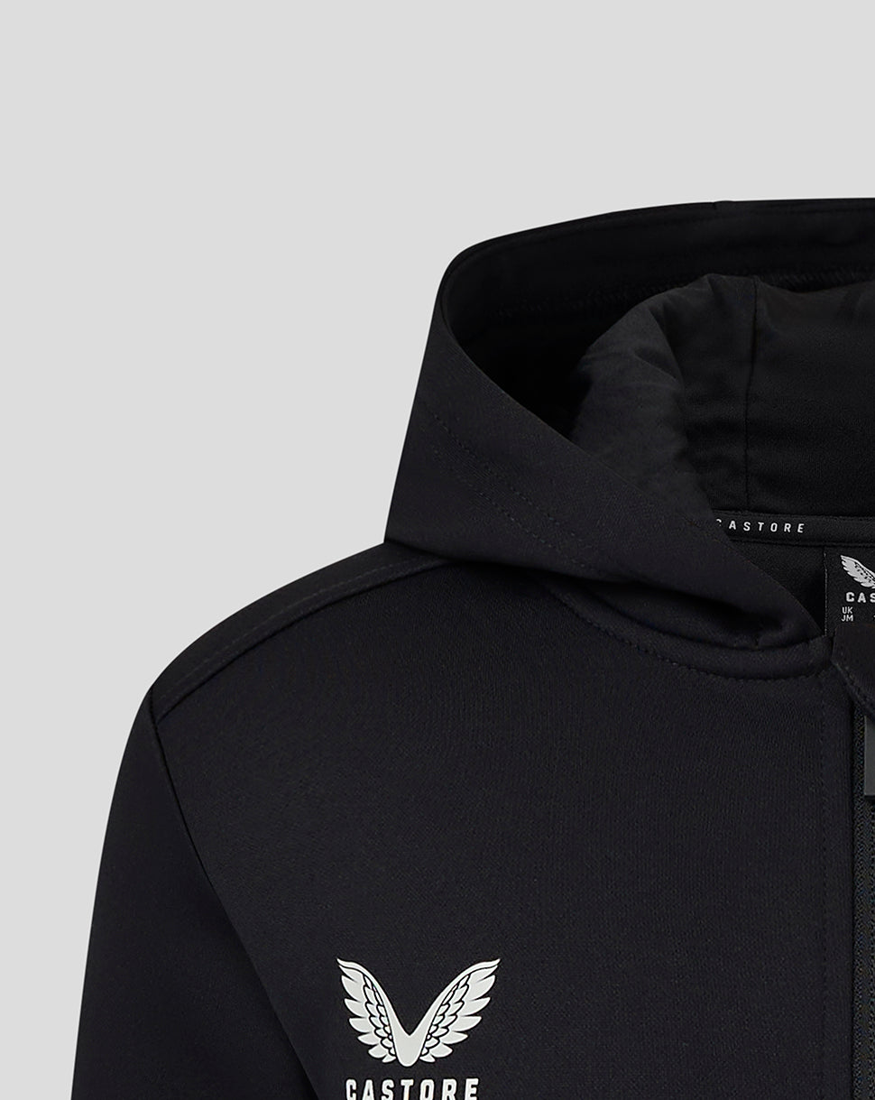 Close up of the chest area on black hoodie showing Castore wing logo and hood edge