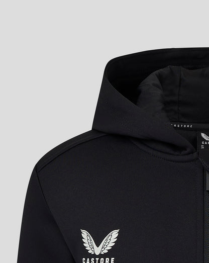 Close up of the chest area on black hoodie showing Castore wing logo and hood edge