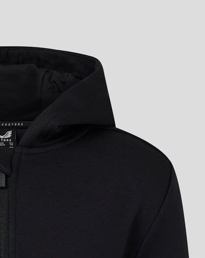 Close up of black Castore Junior Full Zip Hoodie focusing on hood collar and zip