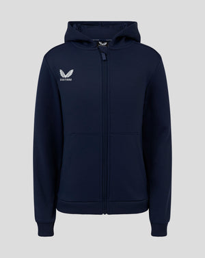 Front view of Junior Full Zip Brushback Hoodie in Peacoat with Castore logo on left chest, zip closure and kangaroo pockets