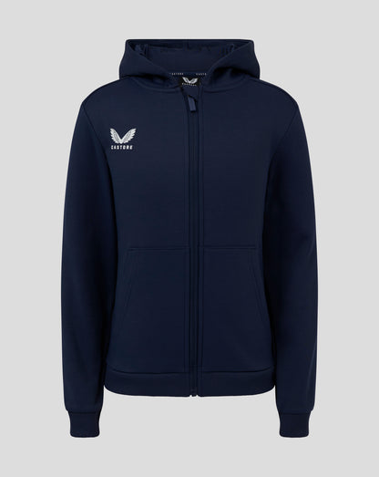Front view of Junior Full Zip Brushback Hoodie in Peacoat with Castore logo on left chest, zip closure and kangaroo pockets