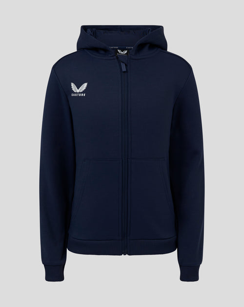 Front view of Junior Full Zip Brushback Hoodie in Peacoat with Castore logo on left chest, zip closure and kangaroo pockets