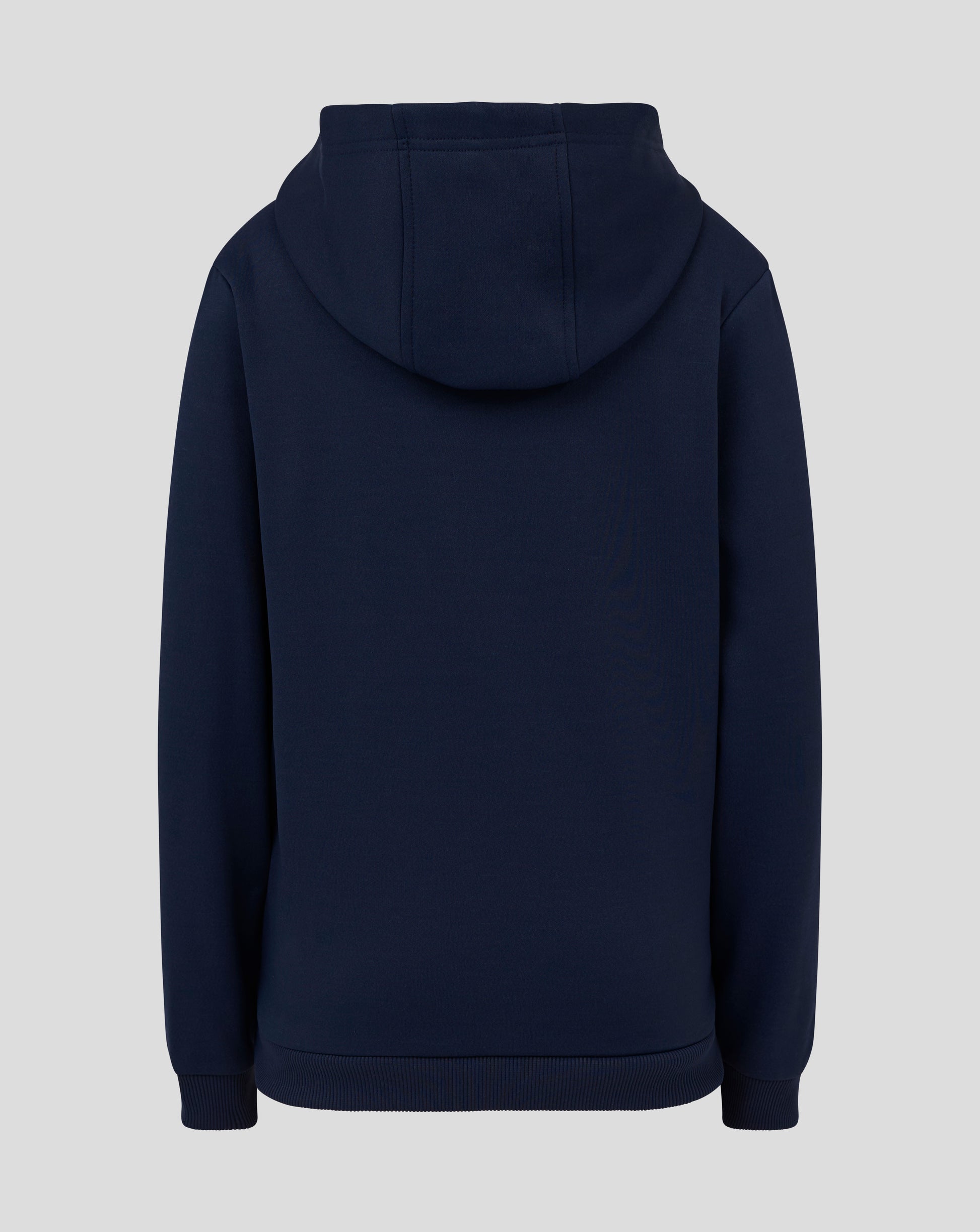Back view of Junior Full Zip Brushback Hoodie in Peacoat with attached hood and clean silhouette