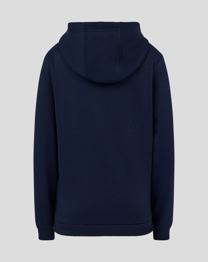 Back view of Junior Full Zip Brushback Hoodie in Peacoat with attached hood and clean silhouette
