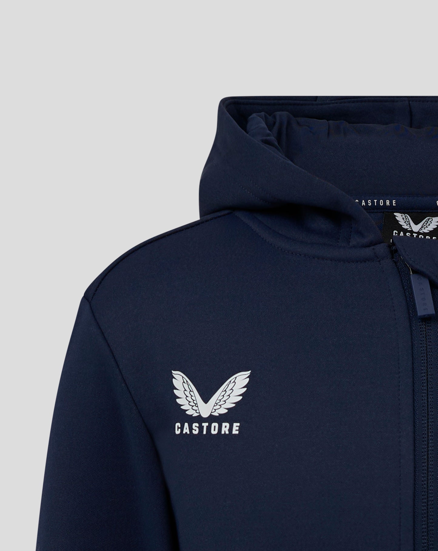 Close-up of hood and collar on Junior Full Zip Brushback Hoodie in Peacoat showing zipper details