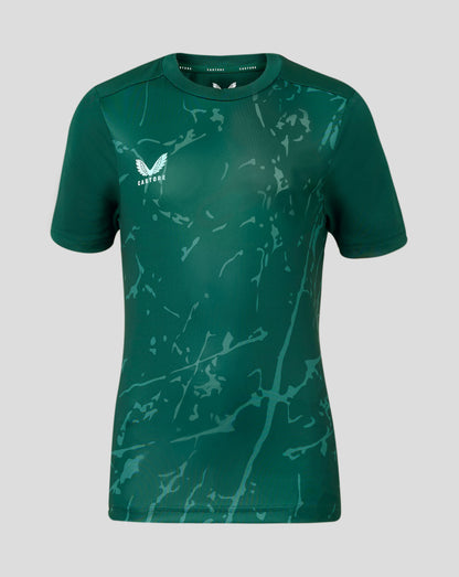 Junior Marble Performance Tee in botanical garden teal with crew neck and front Castore logo