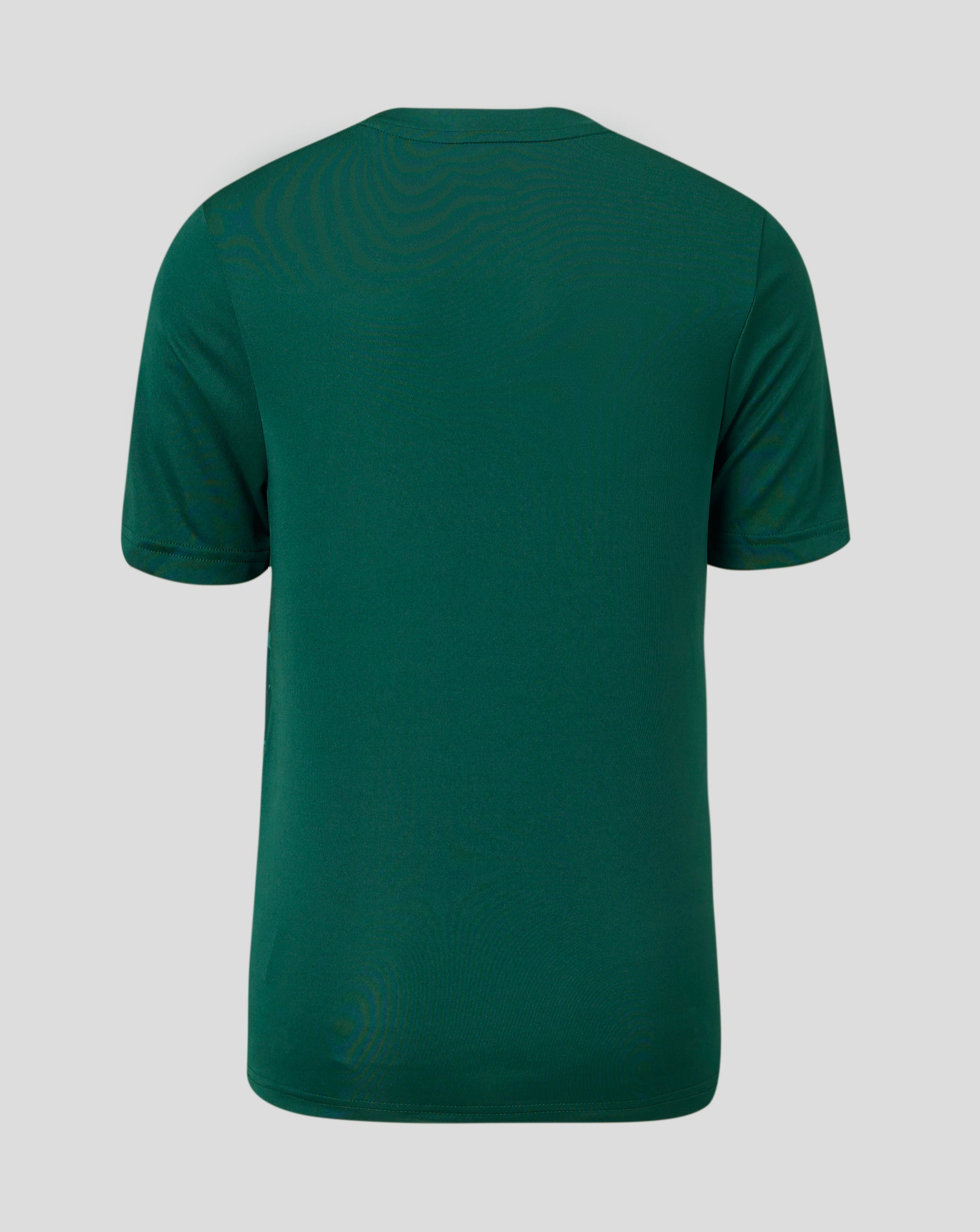 Back view of teal Marble Performance Tee with allover abstract print and crew neck