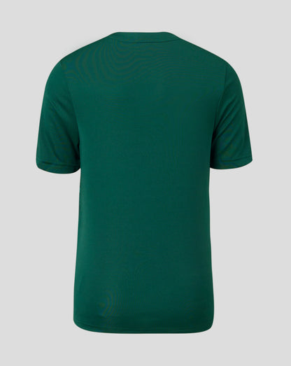 Back view of teal Marble Performance Tee with allover abstract print and crew neck