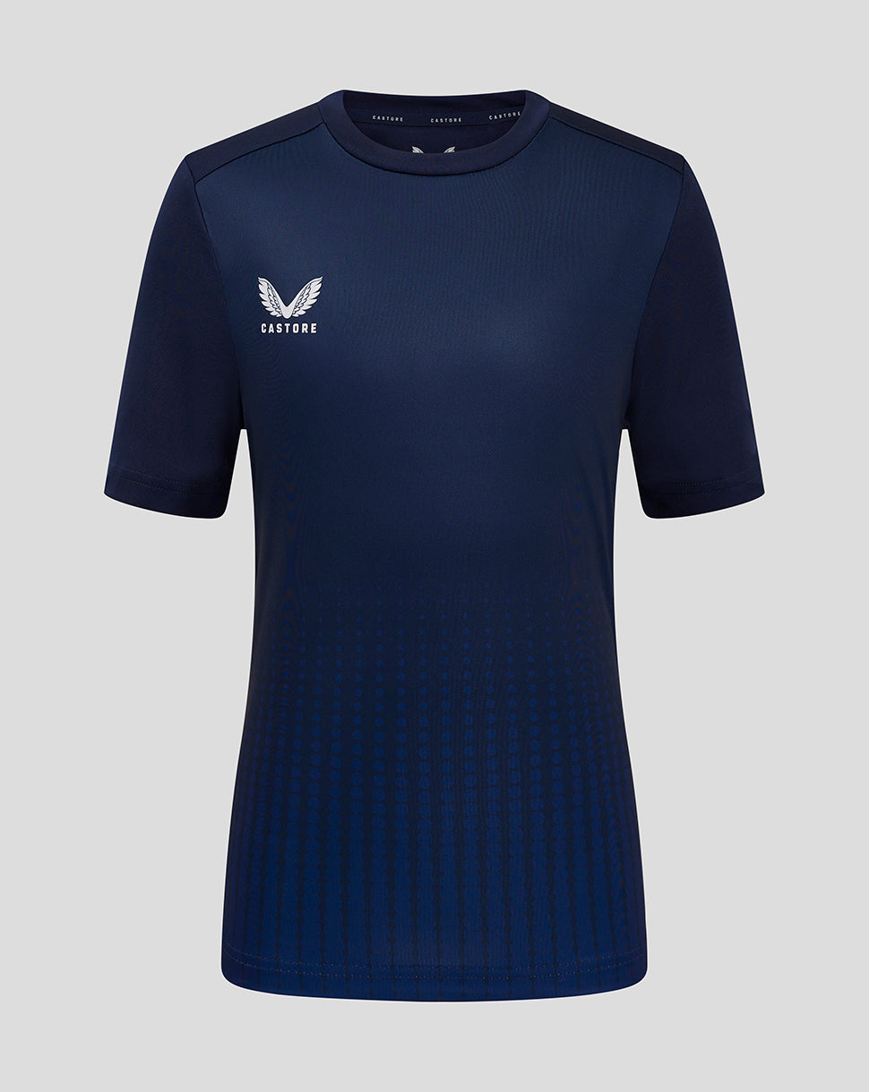 Gradient navy training tee with a dotted pattern at the bottom and white Castore logo on the chest.