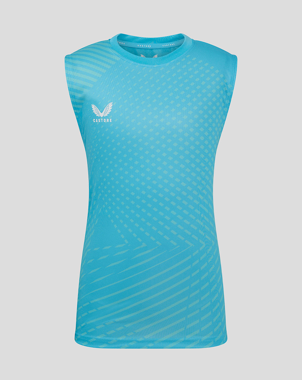 Bright aqua geometric printed sleeveless training tee with Castore logo on the chest