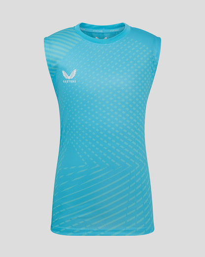 Bright aqua geometric printed sleeveless training tee with Castore logo on the chest