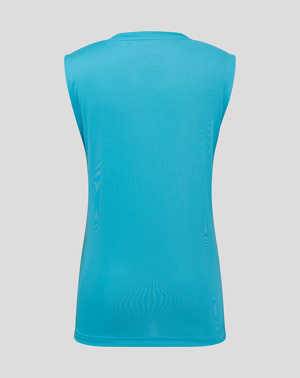 Back view of turquoise sleeveless training tee showing smooth fabric and clean silhouette
