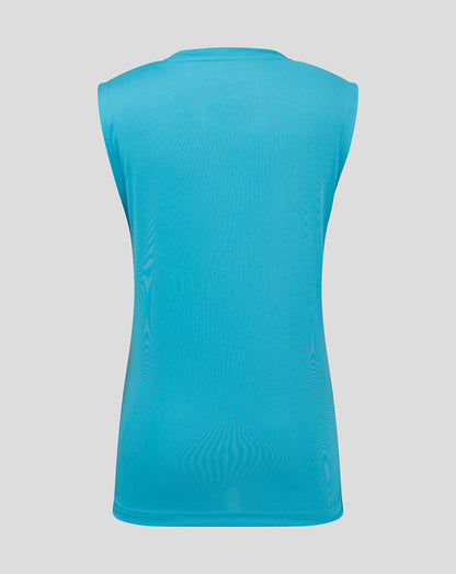 Back view of turquoise sleeveless training tee showing smooth fabric and clean silhouette