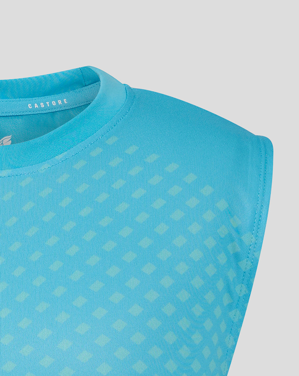 Front view of bright blue geometric printed training tee with crew neck and diamond pattern across the fabric