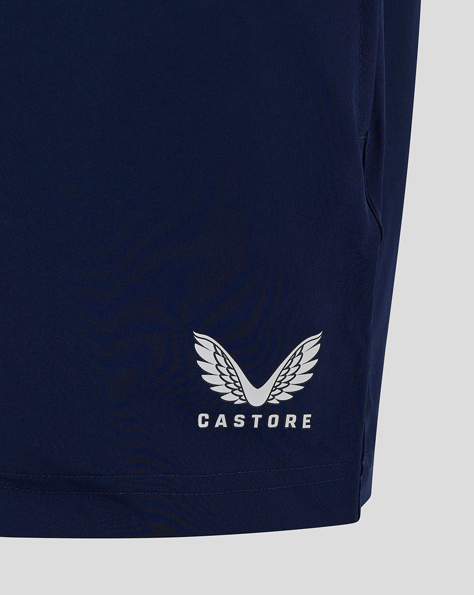 Navy junior training shorts with Castore logo near the hem