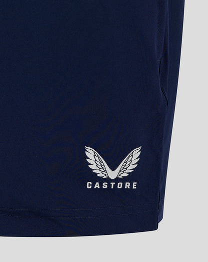 Navy junior training shorts with Castore logo near the hem