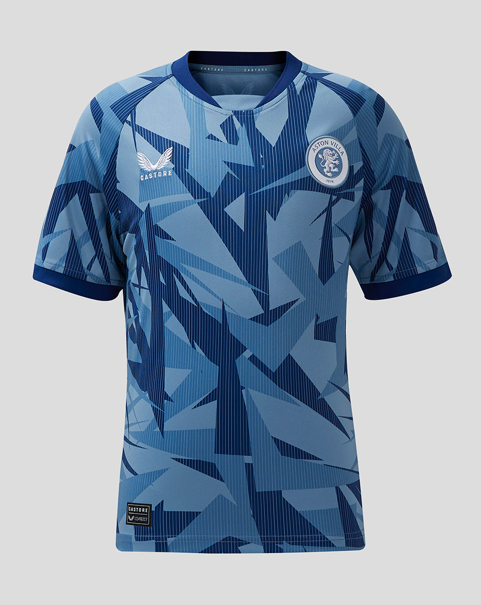 Aston Villa junior 23/24 third shirt in blue geometric pattern with club crest on the chest and Castore branding.