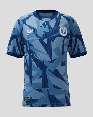 Aston Villa junior 23/24 third shirt in blue geometric pattern with club crest on the chest and Castore branding.