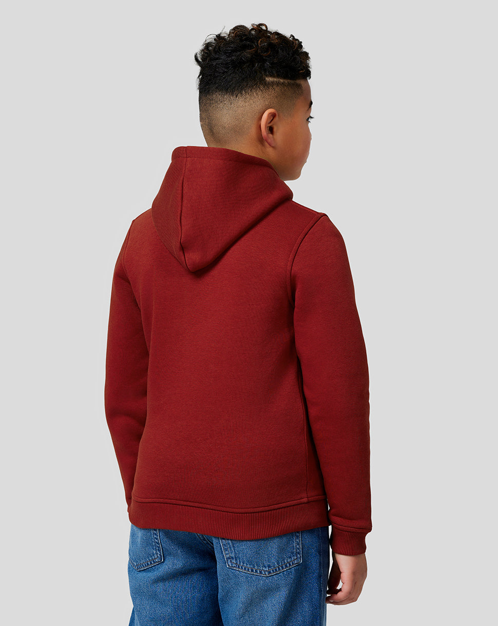 Back view of a child in a maroon Oracle Red Bull Racing hoodie with the hood up.