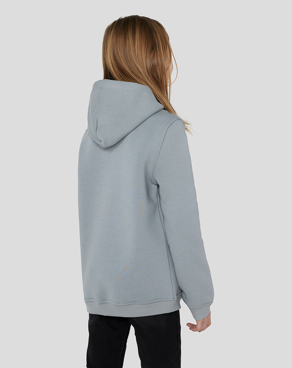 Back view of a grey Oracle Red Bull Racing Junior Core Overhead Hoodie worn by a child.