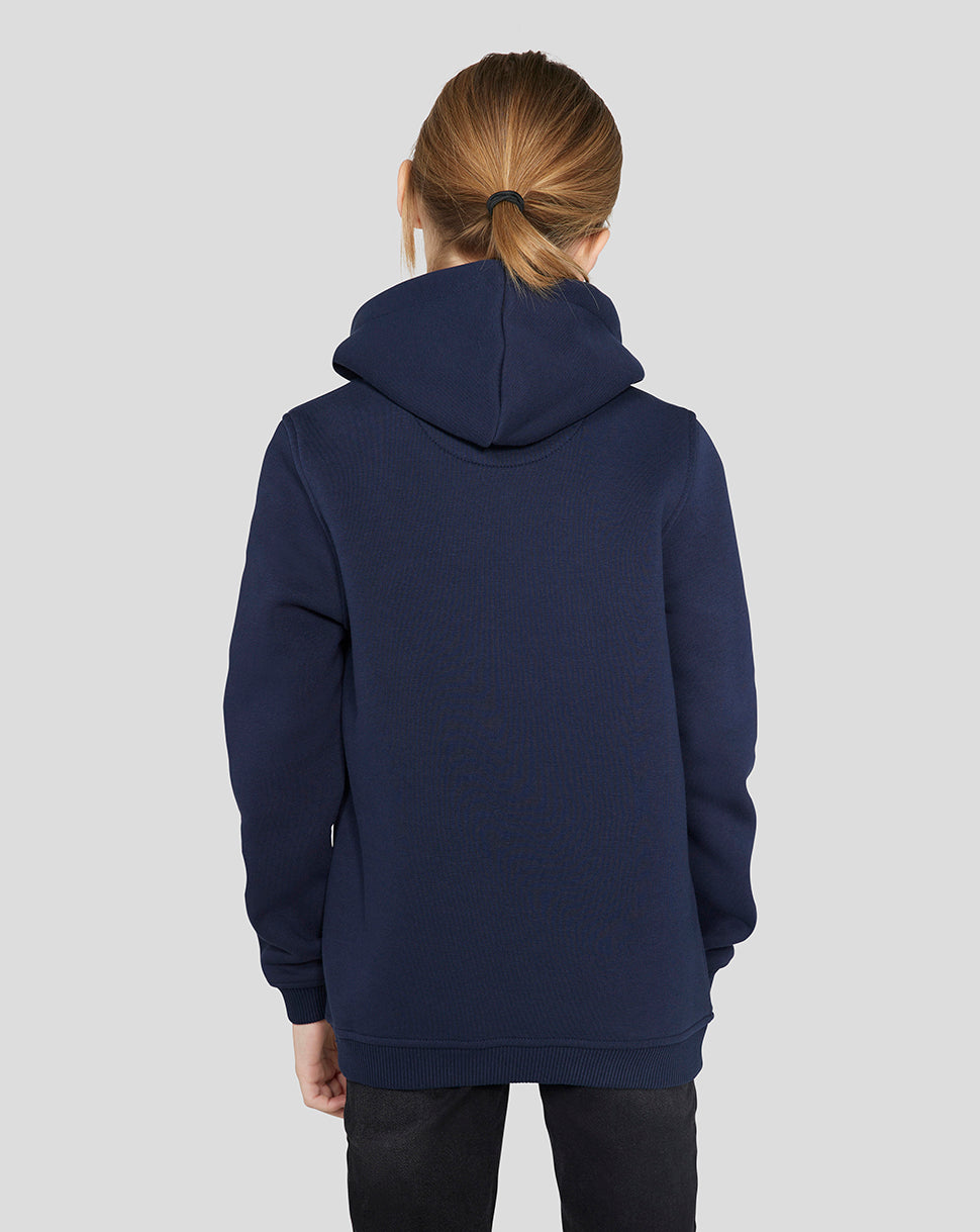 Back view of a junior navy Core Overhead Hoodie with a brushback hood