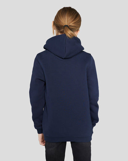 Back view of a junior navy Core Overhead Hoodie with a brushback hood