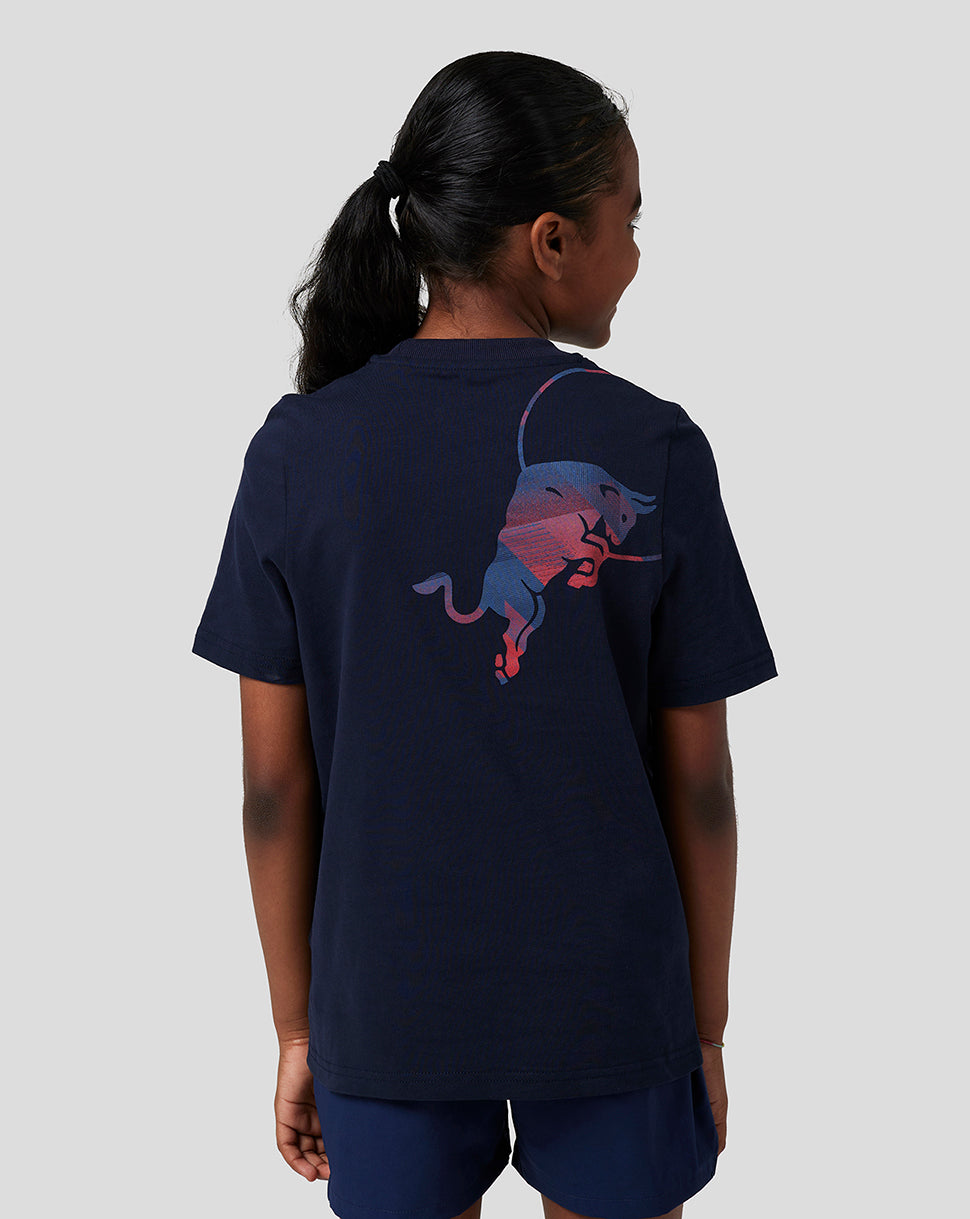 Back view of a child wearing a navy night sky T shirt with a large bull graphic on the back