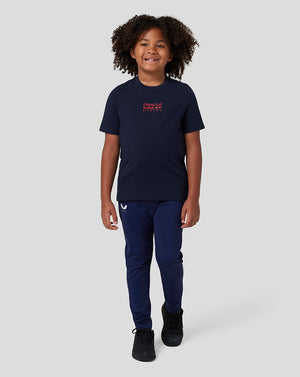 Child wearing navy Red Bull Racing graphic T shirt with logo on front and bull graphic on back
