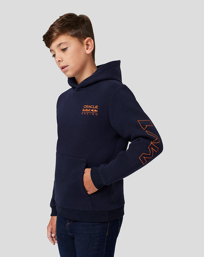 Side view of night sky navy junior hoodie with Oracle Red Bull Racing chest logo and orange sleeve graphic