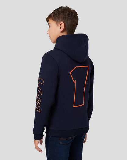 Back view of night sky navy junior hoodie with a bold orange number one on the back