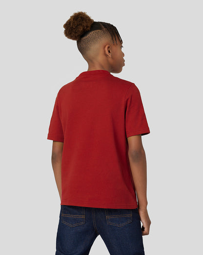 Back view of a child wearing a red Oracle Red Bull Racing juniors T shirt
