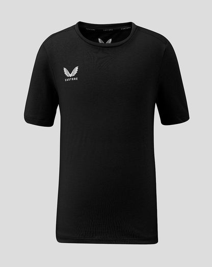Front view of black Junior Cotton Leisure Tee with small white Castore logo on the left chest.