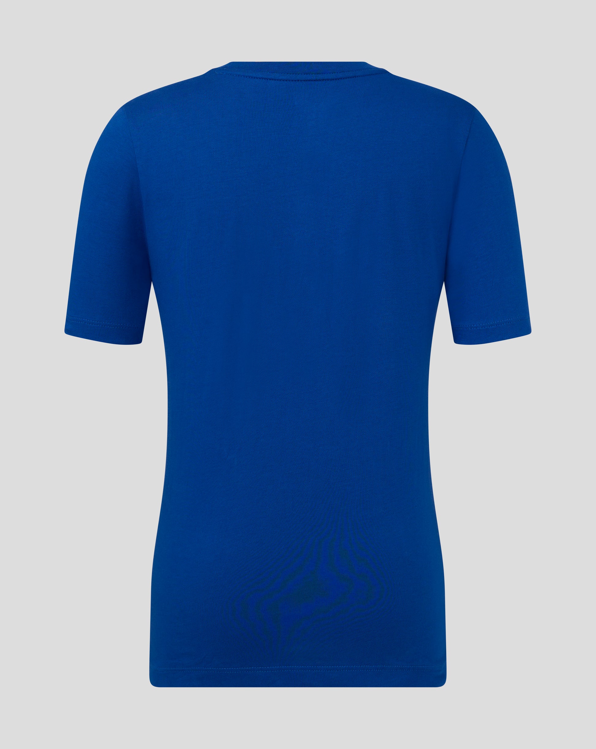 Back view of blue Junior Cotton Leisure Tee with clean seams and short sleeves.