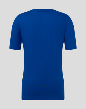 Back view of blue Junior Cotton Leisure Tee with clean seams and short sleeves.