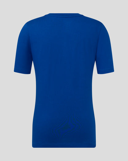 Back view of blue Junior Cotton Leisure Tee with clean seams and short sleeves.