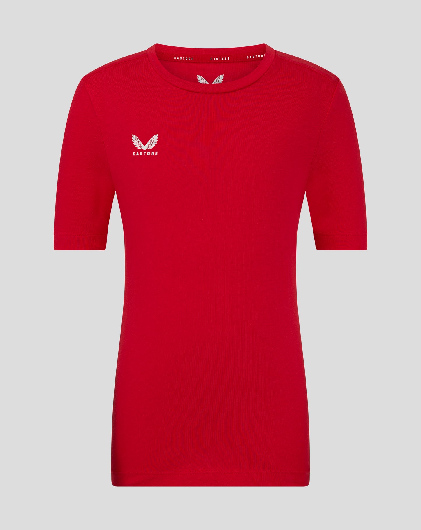 Front view of red Junior Cotton Leisure Tee with a white Castore logo on the left chest and crew neck.