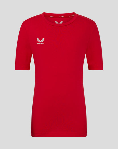 Front view of red Junior Cotton Leisure Tee with a white Castore logo on the left chest and crew neck.