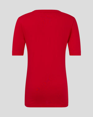 Back view of red Junior Cotton Leisure Tee showing the crew neck and Castore branding along the neckline.
