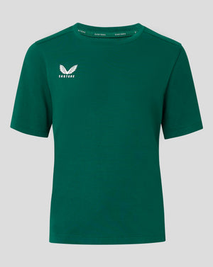 Castore logo on left chest of green Junior Cotton Leisure Tee Botanical Garden