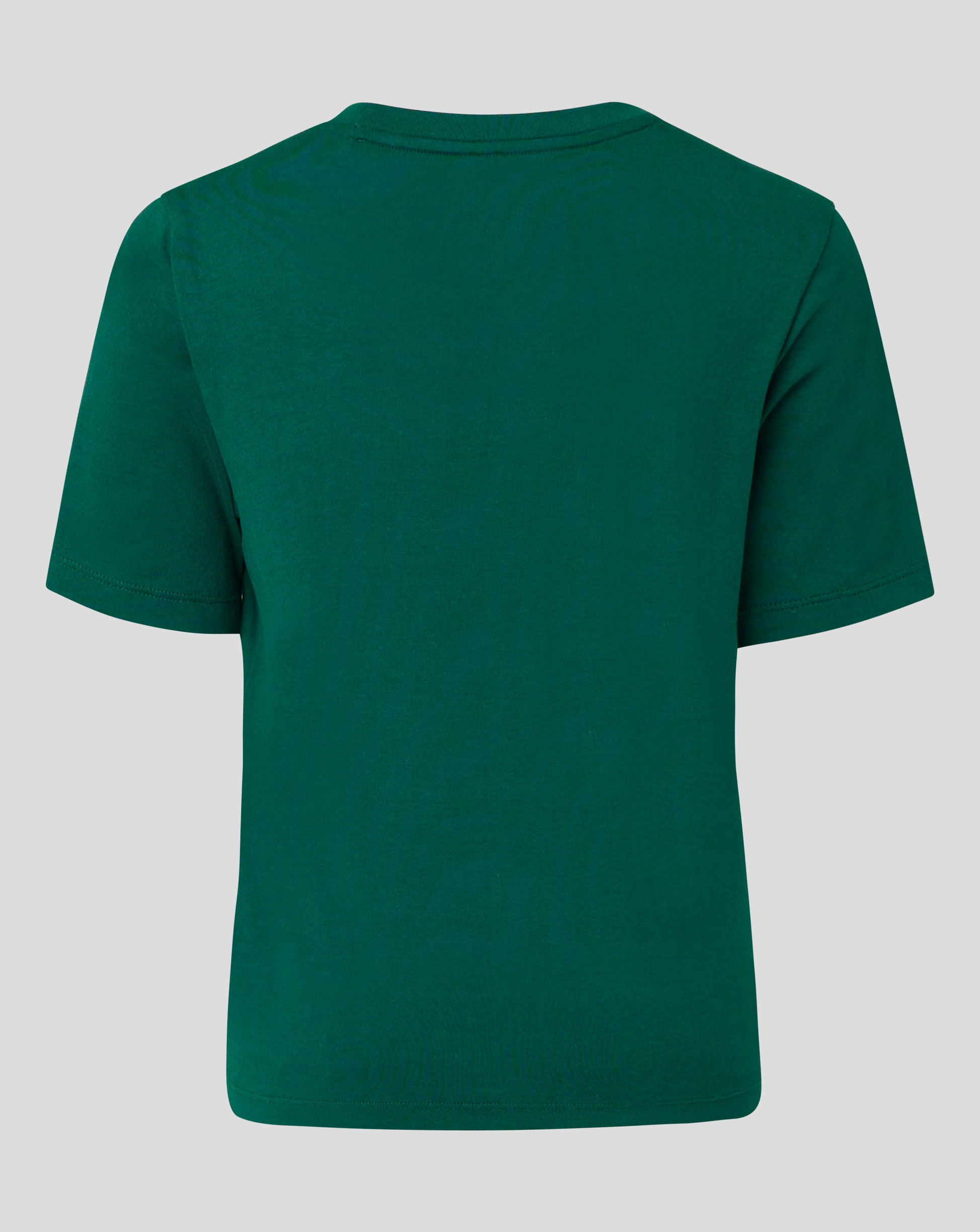 Back view of green junior cotton leisure tee with a simple crew neck and short sleeves