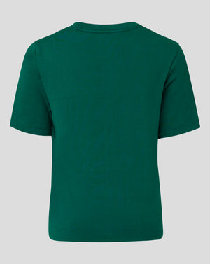 Back view of green junior cotton leisure tee with a simple crew neck and short sleeves