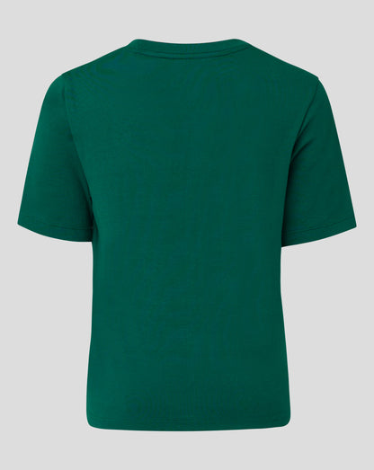 Back view of green junior cotton leisure tee with a simple crew neck and short sleeves