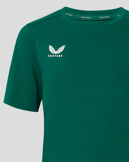 Close up of green tee neckline showing Castore branding along the collar and partial white Castore wing logo on the chest