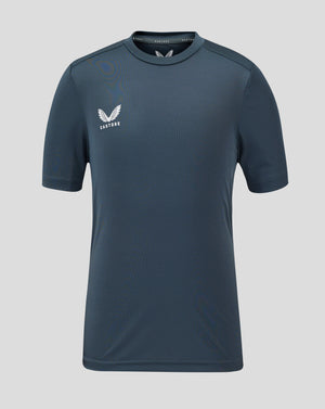 Front view of junior performance tee in dark slate with crew neck and Castore logo