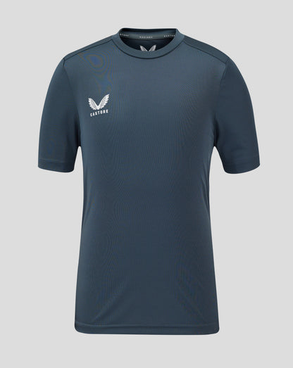 Front view of junior performance tee in dark slate with crew neck and Castore logo