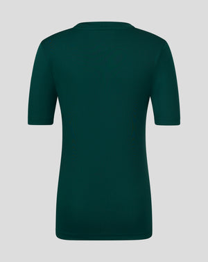 Back view of dark green junior performance tee with crew neck and set in short sleeves