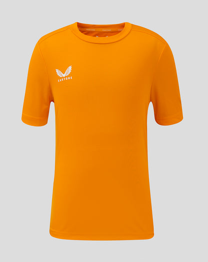 Front view of bright marigold junior performance tee with white Castore wing logo on the left chest