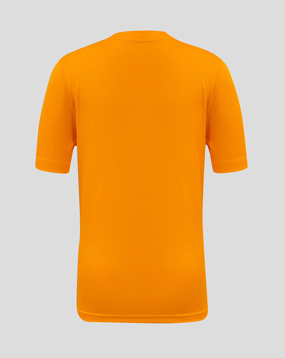 Back view of bright marigold junior performance tee with plain logo free back